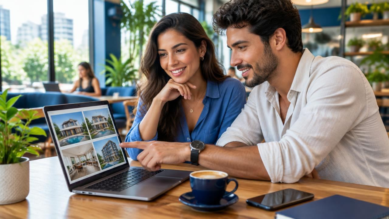 Casal explorando o catálogo de imóveis no laptop